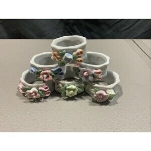 Vintage Porcelain Flower Napkin Rings/Holders Set Of 6